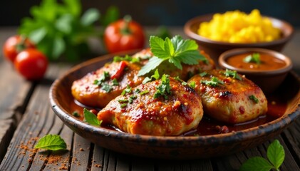 Fototapeta premium Vibrant colors of Indian cuisine with spices, herbs, and marinated meat on a wooden table , palak paneer, butter chicken curry, traditional Indian snacks