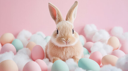 Fototapeta premium Cute rabbit surrounded by pastel eggs and fluffy clouds