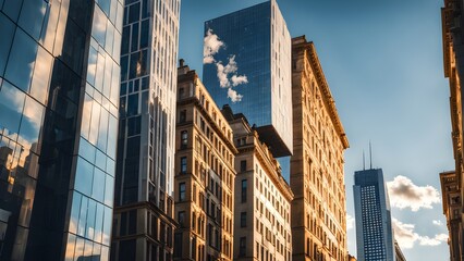 Sunlit cityscape showcasing a juxtaposition of modern glass skyscrapers and classic brick buildings, creating a dynamic architectural contrast against a clear blue sky.