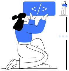 Female character holding a coding tag symbol in blue, kneeling, smaller character contemplating. Ideal for programming, coding, software development, web design, technology, digital creation