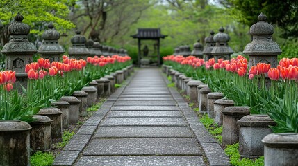 Stone path, tulips, lanterns, garden, spring, serenity, zen, tranquility, pathway, Asia