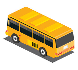 Isometric yellow school bus. Rear back view. Object isolated on white background. 3D icon.