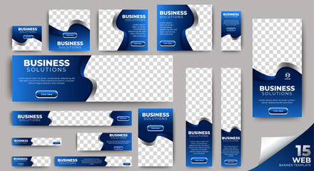 Blue web banner template vector design. Ads banner set bundle with space for images.