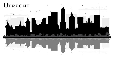 Naklejka premium Utrecht Netherlands City Skyline Silhouette with Black Buildings and reflections Isolated on White. Business Travel and Tourism Concept with Historic Architecture. Utrecht Cityscape with Landmarks.