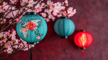 Global Lantern Festival Cherry Blossoms and Paper Lanterns