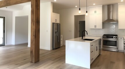 Rustic modern kitchen featuring reclaimed wood beams, stainless steel appliances, and an oversized farmhouse sink. home interior design concept 