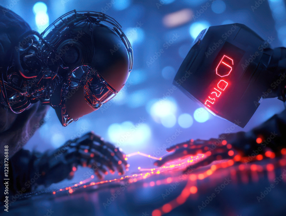 Poster futuristic robots interacting with glowing digital technology.