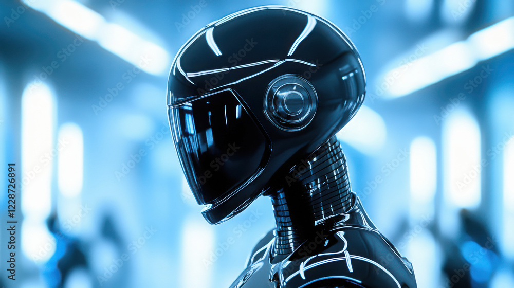Poster futuristic robot with sleek design and advanced features.