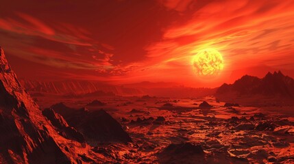 Martian Sunset: Majestic Red Sky Over Rocky Terrain on the Red Planet, Extraterrestrial Landscape in the Evening Glow