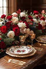 Luxurious Formal Dining Table Setting with Floral Centerpiece and Candles