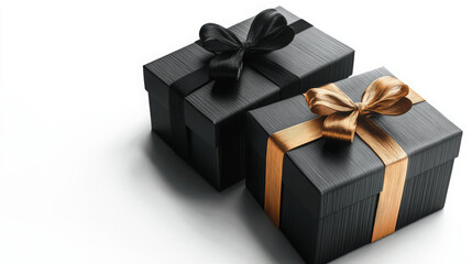 Fototapeta premium elegant black gift boxes with contrasting gold and black ribbons in luxury presentation on white background for high-end product photography featuring sophisticated gift wrap and design