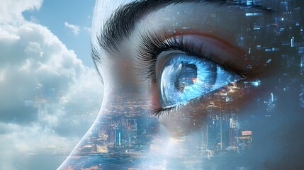 Digital Vision: A mesmerizing close-up of a woman's eye, overlaid with a vibrant cityscape reflecting a futuristic, technological vision.