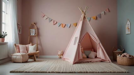 Beautifully Decorated Child's Room with Teepee and Pastel Color Theme