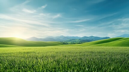 Fototapeta premium Serene Landscape with Rolling Green Hills and Blue Sky