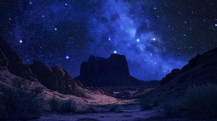 Starry night sky over a desert canyon landscape camping