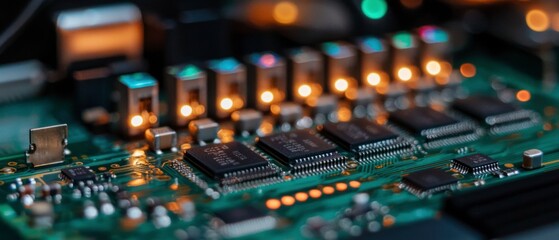Obraz premium Close up Circuit Board Microchip Technology Neon Lights Electronic Components High Tec