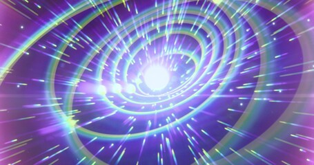 Planetary system and stars. Warp speed effect. Diffraction of light. 3D rendering.