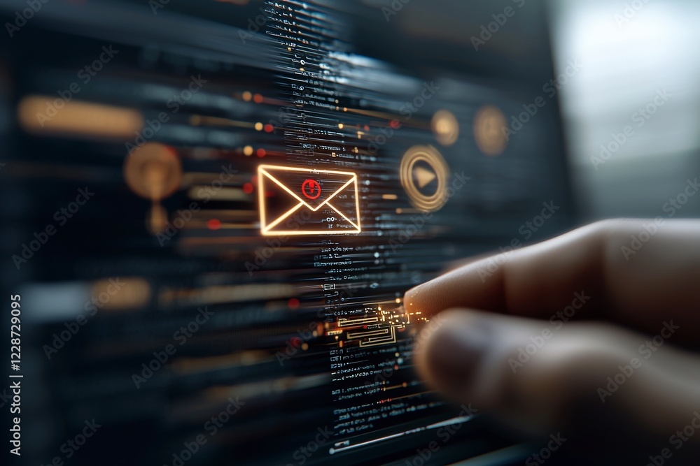 Poster digital interface with email icon and hand touching data streams representing technology and communi