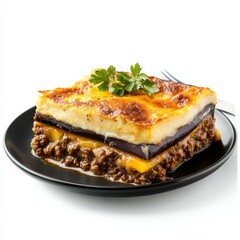 A plate of Greek moussaka with layers of eggplant and minced meat, isolated white background, pop art style