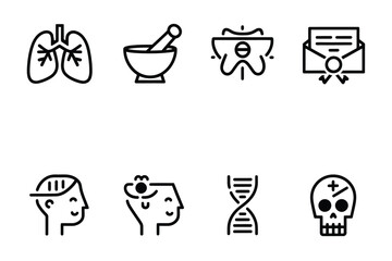 Medical and Science Line Icon Set – Lungs, Mortar and Pestle, Certification, Head and Throat, DNA, Skull