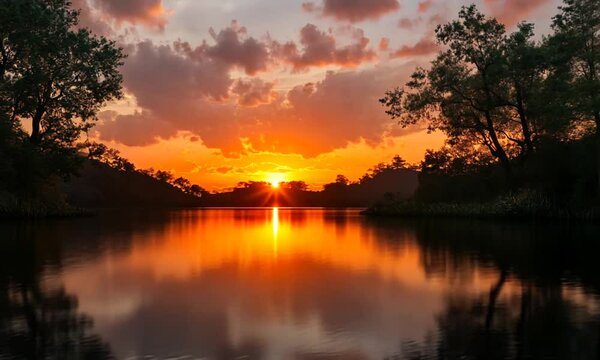 Serene sunset over a tranquil lake with vibrant clouds reflecting on calm water