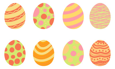 Colorful Easter Eggs set. Vector flat style illustrations. Dots, lines, stripes