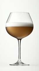 Creamy beige cocktail in wine glass, white background, beverage, drink, menu