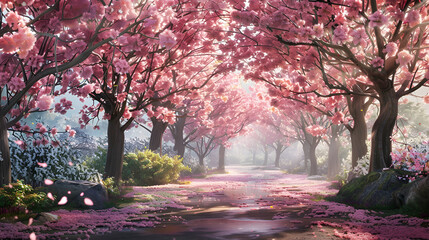 beautiful cherry blossom park in full bloom and vibrant colors
