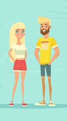 Couple standing, summer style, pastel background, website illustration