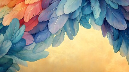 Obraz premium Soft pastel feathers gracefully arch overhead creating a warm gentle ambiance. AI Generated