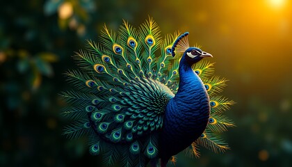 Obraz premium Majestic Peacock Displaying Vibrant Plumage at Sunset