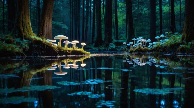 Mystical forest with glowing mushrooms reflected in still water at twilight