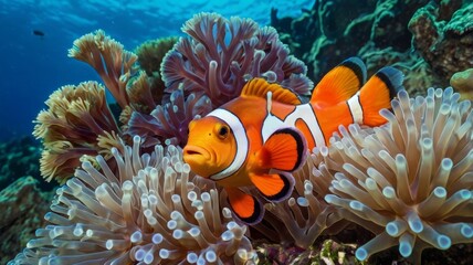 A vibrant orange and white clownfish swims among anemone in clear blue water