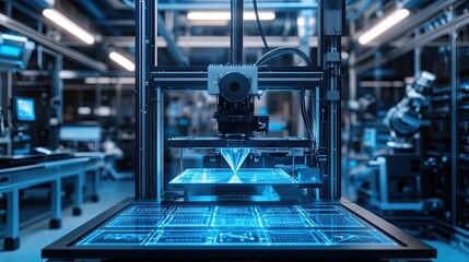 An industrial D printer producing custom packaging designs in a futuristic lab