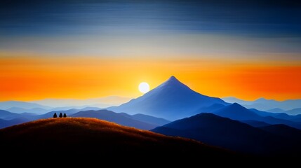 Majestic sunrise silhouettes three figures atop hill overlooking vibrant mountain range. AI Generated