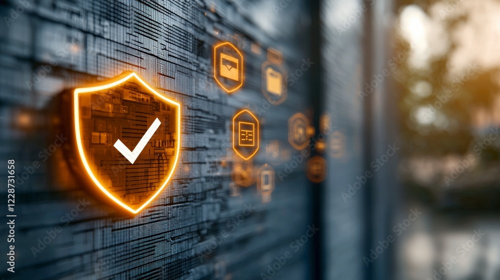 Poster digital security concept with shield icon on background of connected data and technology, representi