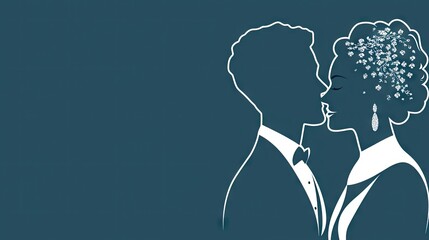 Couple's wedding kiss, elegant silhouettes, teal background, invitation design