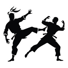 A karate man pose hand drawn vector silhouette isolated white background