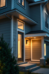 Modern House Exterior at Night: Gray Siding, Contemporary Design, and Warm Lighting