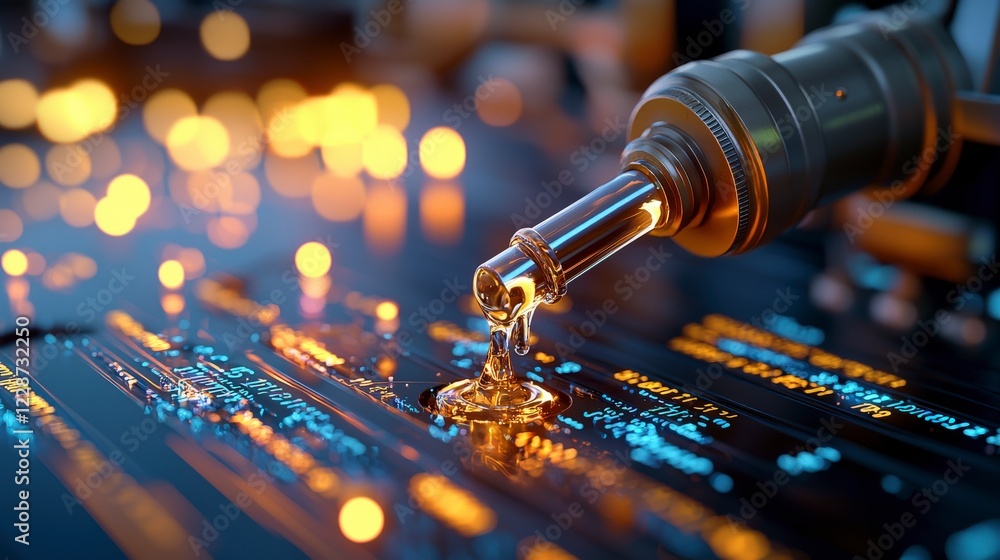 Aufkleber close-up of liquid dropping from a pipette onto circuit board with glowing lights in background