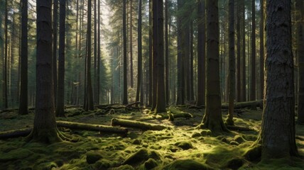 Fototapeta premium A mesmerizing view of towering trees in a dense forest with mossy ground and sunlight