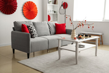 Interior of festive living room decorated for Chinese New Year celebration