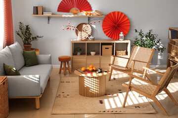 Interior of festive living room decorated for Chinese New Year celebration
