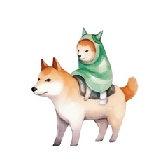watercolors Cute shiba inu riding unicorn illustration