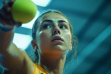 Female athlete intensely focused during a padel match, preparing to serve the ball. The image captures the player's determination and skill. 