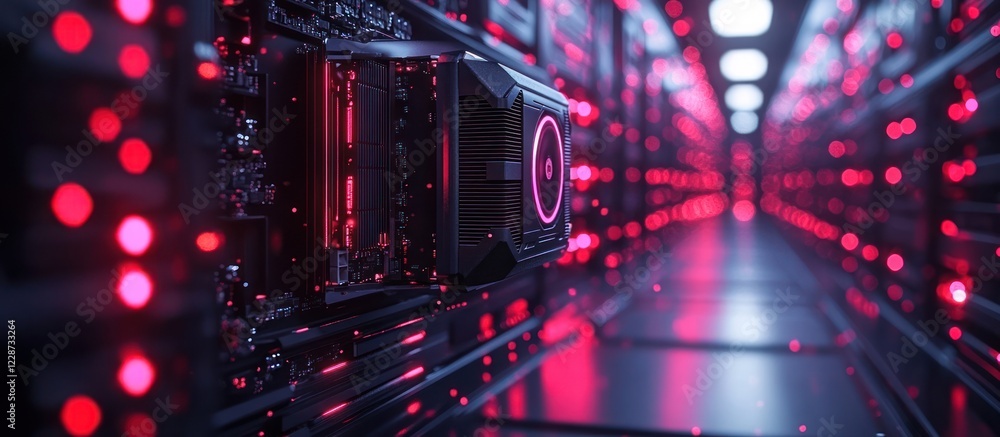 Poster close-up of a powerful gpu in a server room with red lighting.