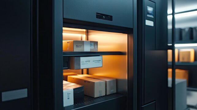 A close-up of a futuristic parcel locker scanning smart-packaged deliveries