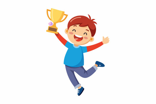 A boy jumping with joy with a tropy