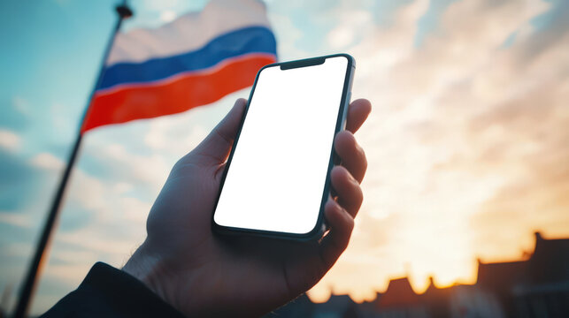 A man holding a white-screen phone in front of the Russian flag. Phone mockup. The white-blue-red flag is fluttering in the wind. day of Russia. Russian Flag Day. The national symbol