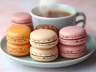 Obraz premium Steaming Cup of Coffee or Tea with Colorful Macarons on a Plate